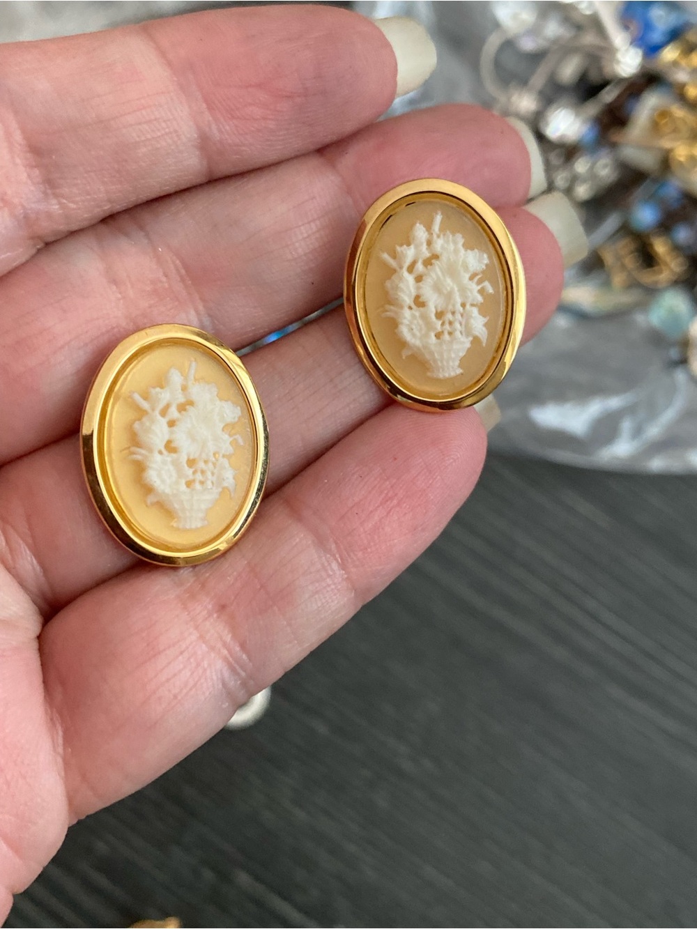 Gold-Tone Cream Cameo Floral Oval Stud Earrings - Women Jewelry